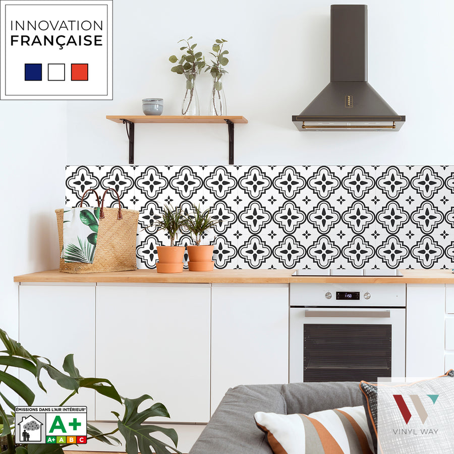 Carreaux adhésifs Vinyl Way : 8 carreaux adhésifs 20x20cm Juliette / Carreaux de ciment noir & blanc / noir / pour douche, murs, sol, cuisine, salle de bain…