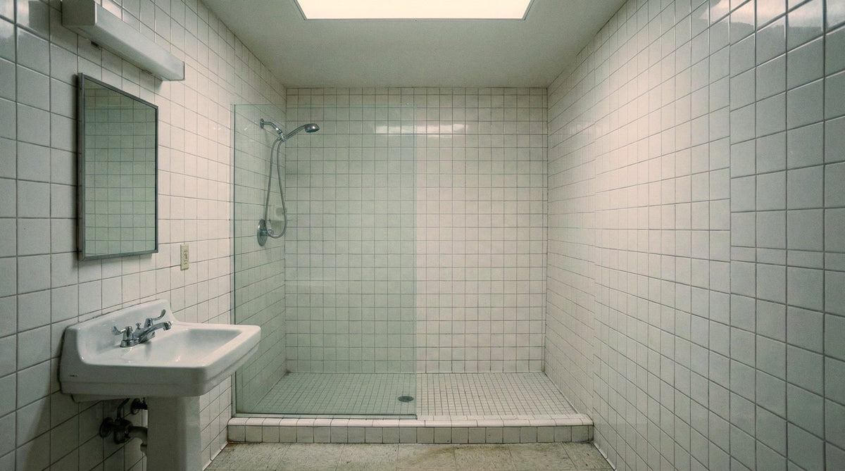 Avant : salle de bain et douche en carrelage blanc aux joints grisés