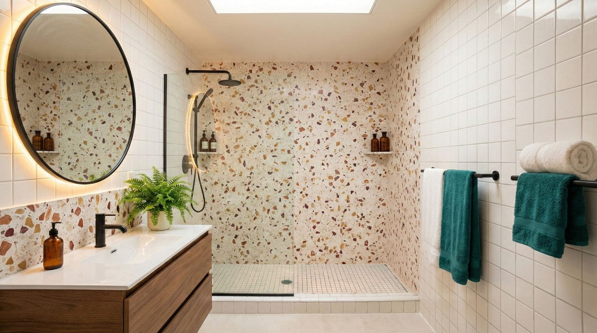 Après : parois de la douche et mur de la vasque recouverts de carreaux adhésifs effet terrazzo